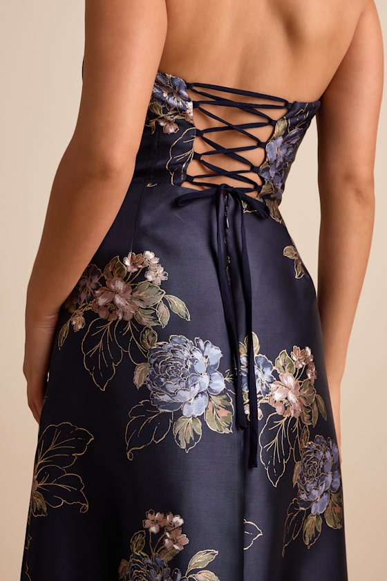 Yashelle Navy Floral Taffeta Strapless Tiered Corset Midi Dress 2