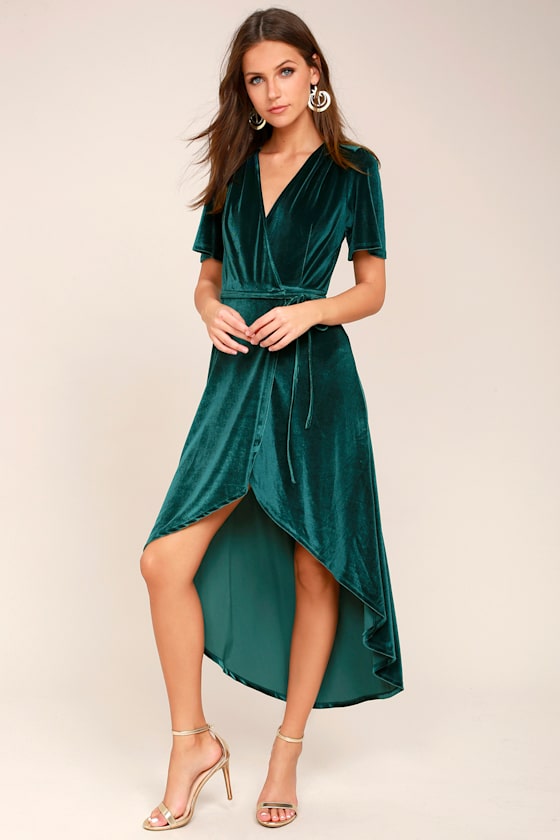 Amour Teal Green Velvet High-Low Wrap Dress 2