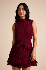 Alvana Burgundy Plisse Mock Neck Ruffled Mini Dress 2