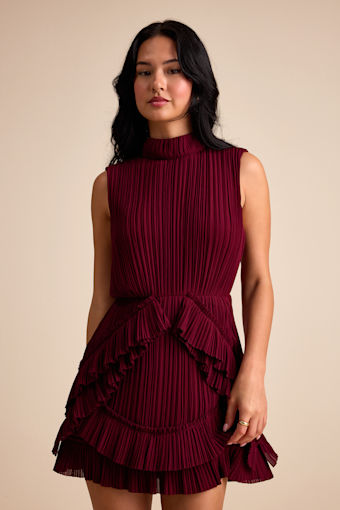 Alvana Burgundy Plisse Mock Neck Ruffled Mini Dress 2