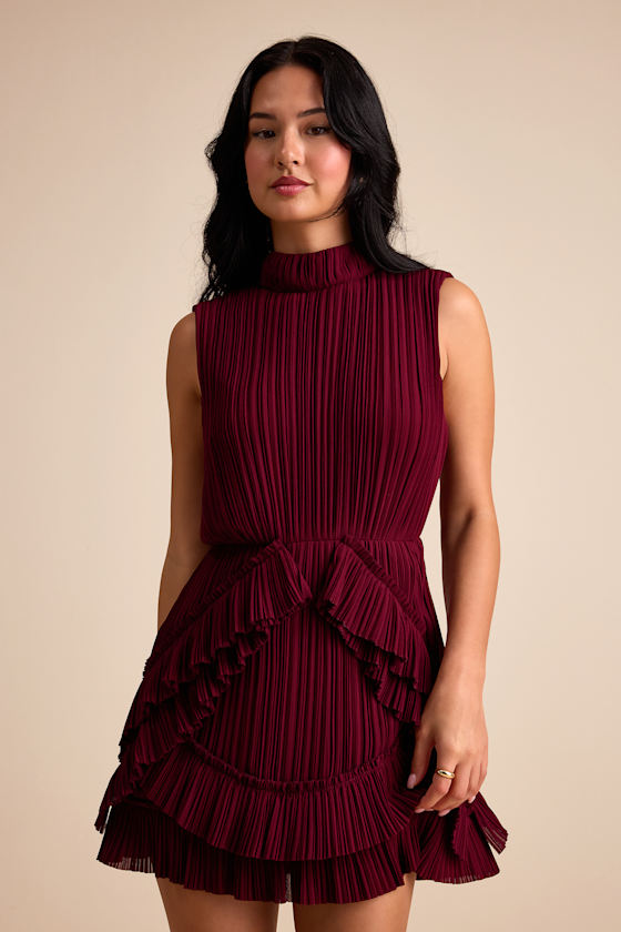 Alvana Burgundy Plisse Mock Neck Ruffled Mini Dress 2