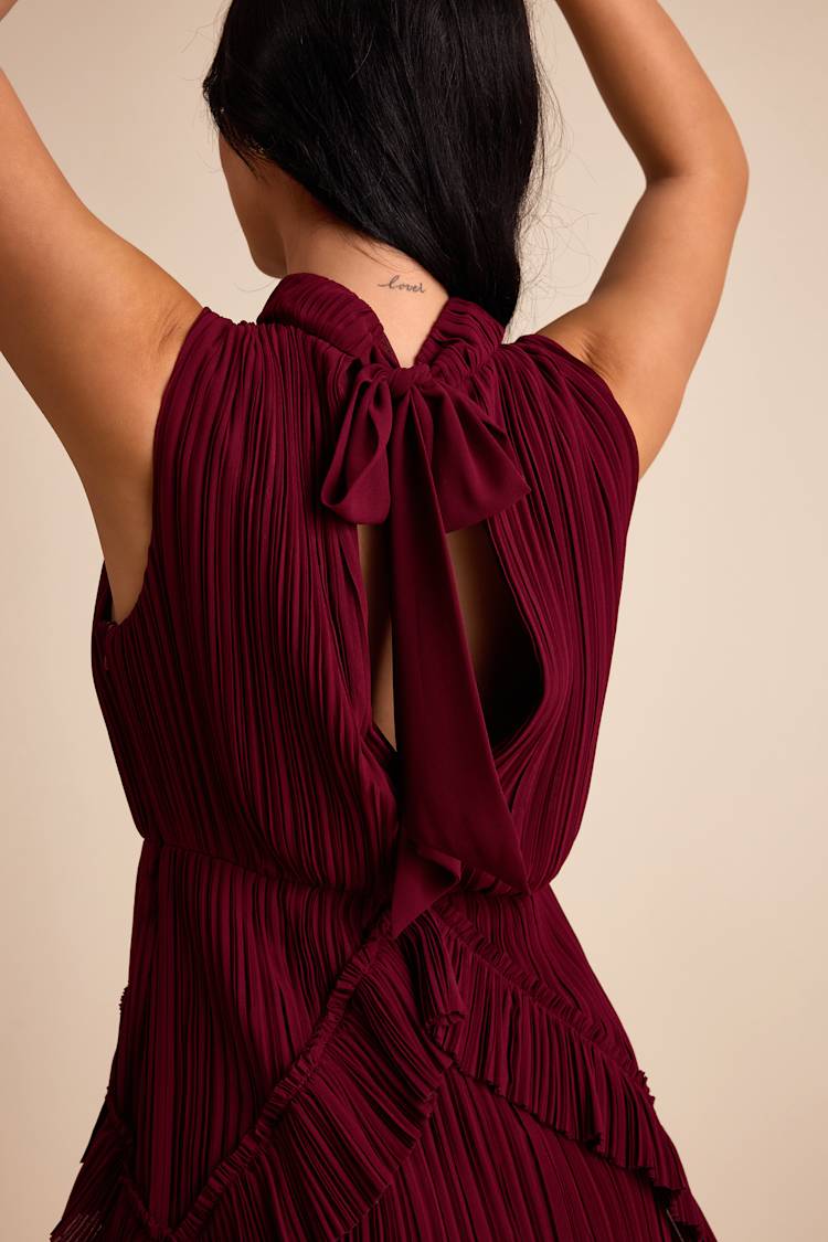 burgundy pleated mini dress Burgundy Pleated Bust Tiered Cotton Mini Dress