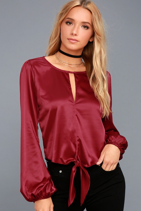 Cute Wine Red Satin Top - Long Sleeve Top - Tying Top - Lulus