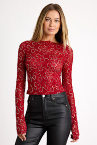 Elaura Red Sheer Lace Sequin Long Sleeve Top 1