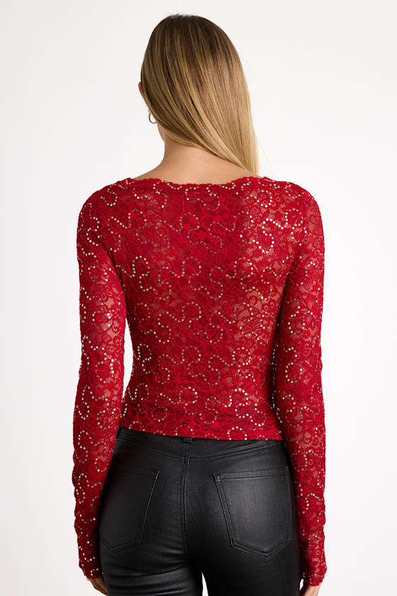 Elaura Red Sheer Lace Sequin Long Sleeve Top