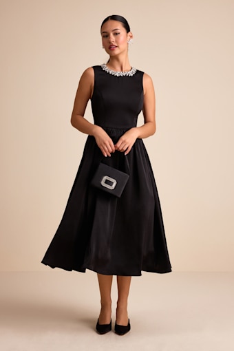 Marietta Black Satin Rhinestone Sleeveless Midi Dress 1