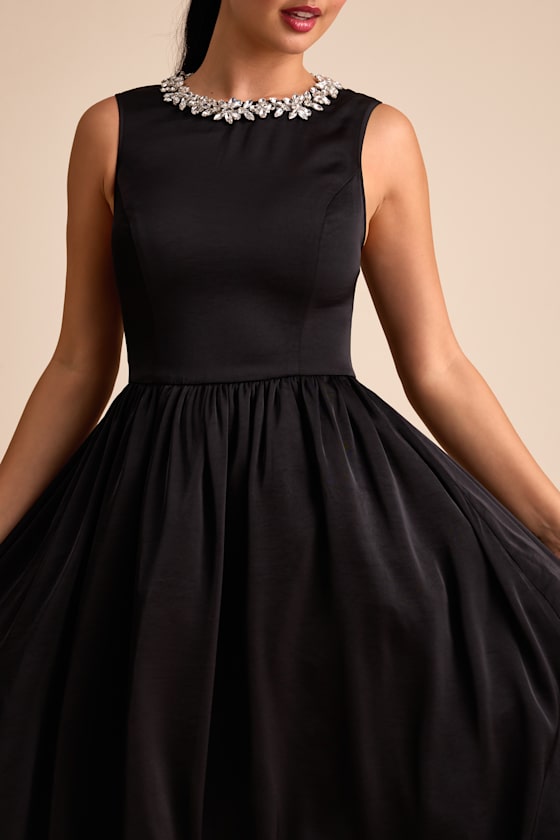 Marietta Black Satin Rhinestone Sleeveless Midi Dress 2