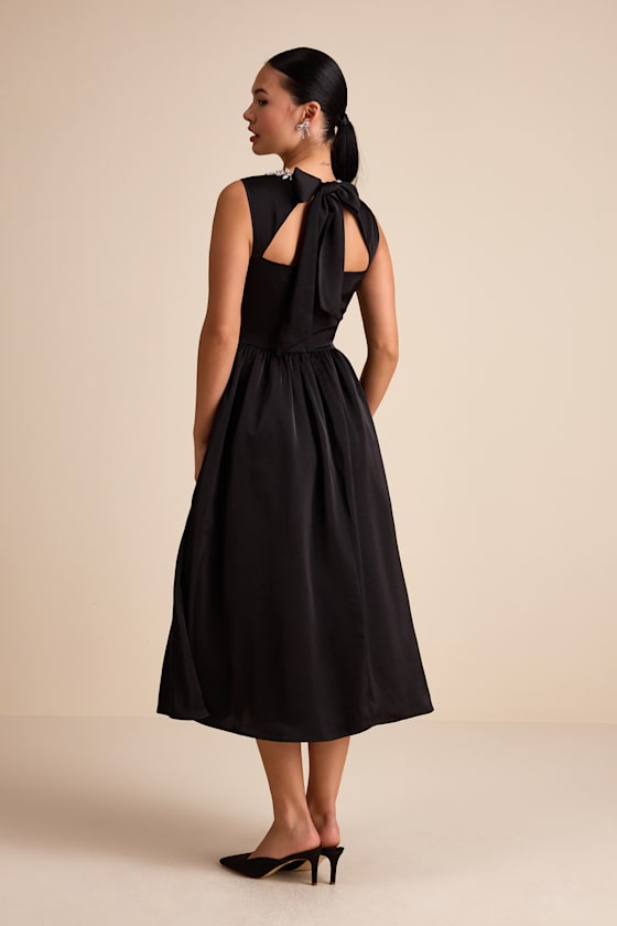 Lulus Marietta Black Satin Rhinestone Sleeveless Midi Dress In Black