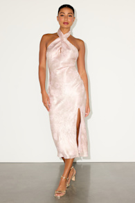 Beyond Classy Blush Satin Jacquard Halter Midi Dress 5