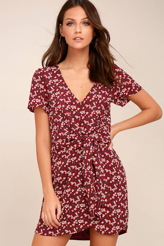 Floral Support Wine Red Floral Print Knotted Dress 2