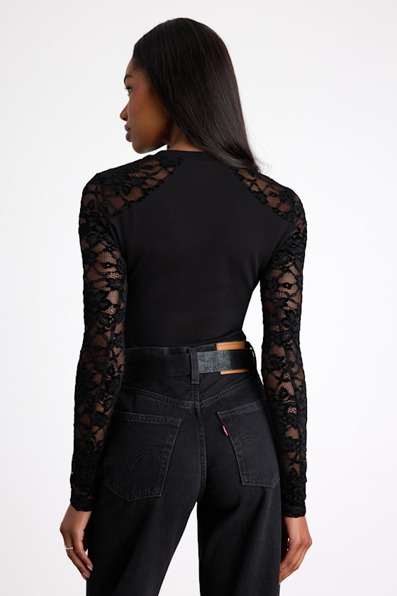Kamdyn Black Crew Neck Sheer Lace Long Sleeve Bodysuit