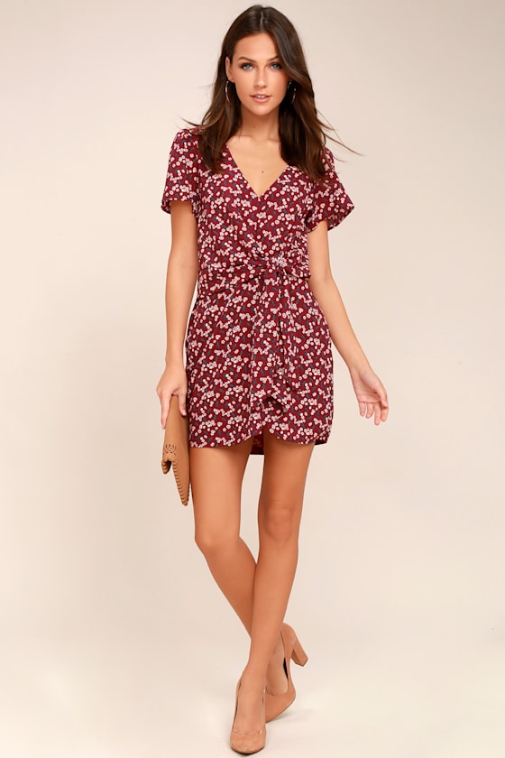 Floral Support Wine Red Floral Print Knotted Dress 1