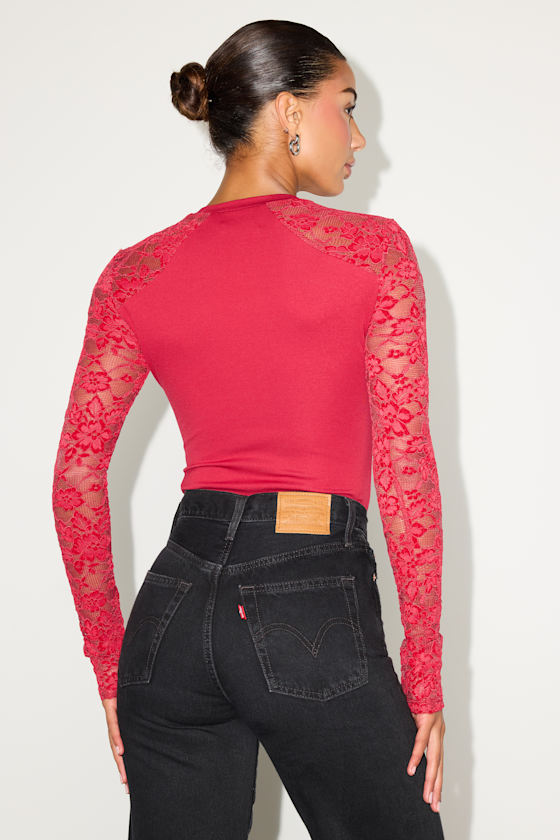 Kamdyn Red Crew Neck Sheer Lace Long Sleeve Bodysuit 2