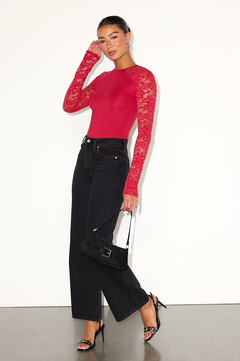 Kamdyn Red Crew Neck Sheer Lace Long Sleeve Bodysuit