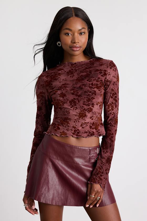 Victoria Dark Mauve Floral Burnout Long Sleeve Crop Top 1