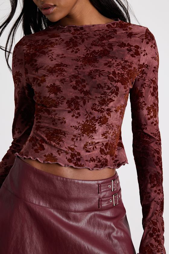 Victoria Dark Mauve Floral Burnout Long Sleeve Crop Top 2