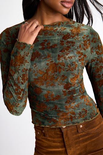 Victoria Green Floral Burnout Long Sleeve Crop Top 1