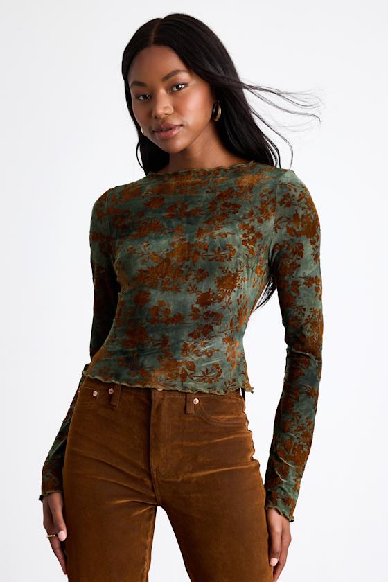 Victoria Green Floral Burnout Long Sleeve Crop Top 2