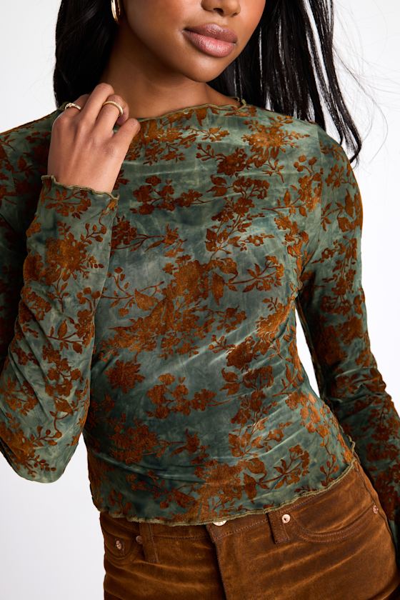 Victoria Green Floral Burnout Long Sleeve Top - thumbnail 5