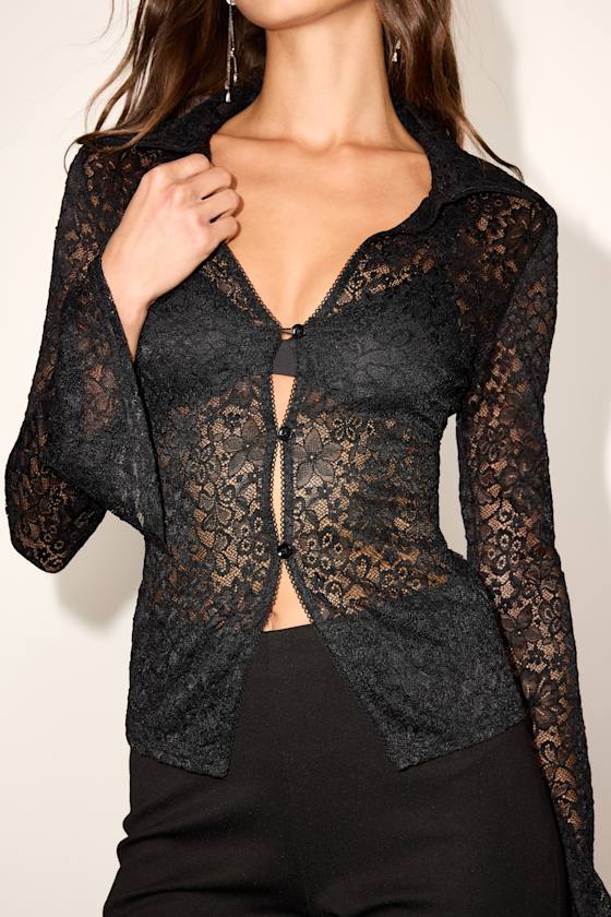 Miyora Black Sheer Lace Button-Front Collared Top 2