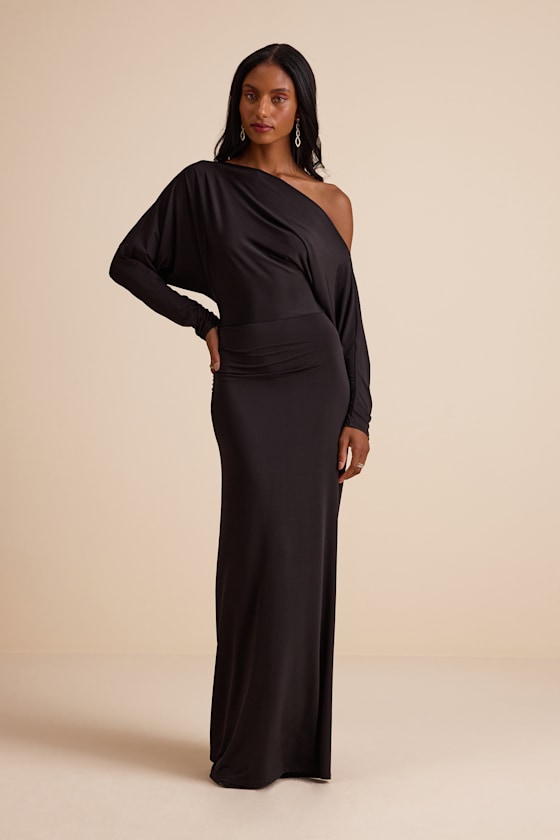 Valani Black Jersey Knit Asymmetrical Long Sleeve Maxi Dress 1