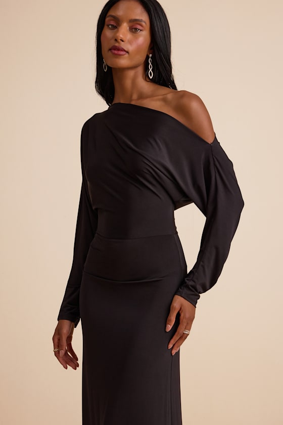 Valani Black Jersey Knit Asymmetrical Long Sleeve Maxi Dress 2