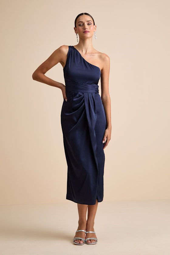 Lulus Rhema Navy Satin Midi Dress In Blue
