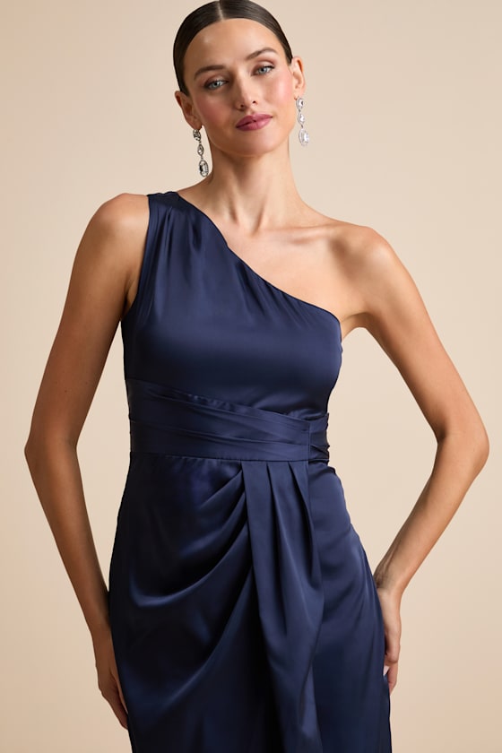 Lulus Rhema Navy Satin Midi Dress In Blue