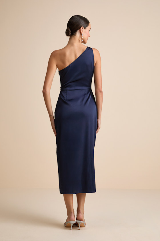 Lulus Rhema Navy Satin Midi Dress In Blue