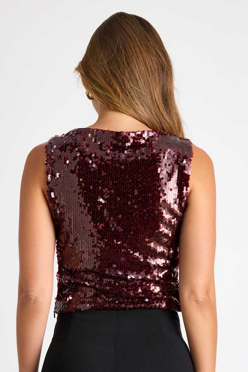 Lulus | Burgundy Sequin Cropped Tank Top | Womens | Large (Available in XS, S, M, XL) | 100% Polyester