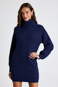 Casual Coziness Navy Waffle Knit Cowl Neck Sweater Dress 1