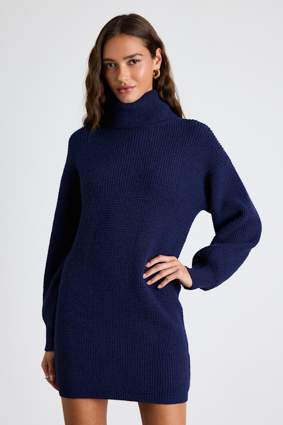 Casual Coziness Navy Waffle Knit Cowl Neck Sweater Dress 1