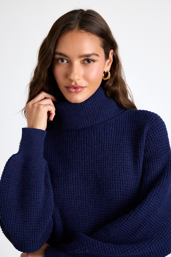 Casual Coziness Navy Waffle Knit Cowl Neck Sweater Dress 2