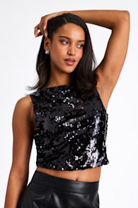 Chelia Shiny Black Sequin Cropped Tank Top 1