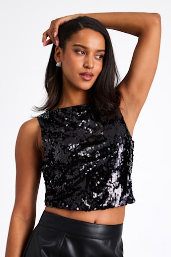 Chelia Shiny Black Sequin Cropped Tank Top 1