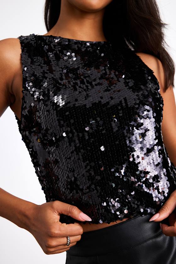 Chelia Shiny Black Sequin Cropped Tank Top 2