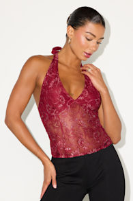 Landon Berry Red Sheer Jacquard Lurex Halter Top 2