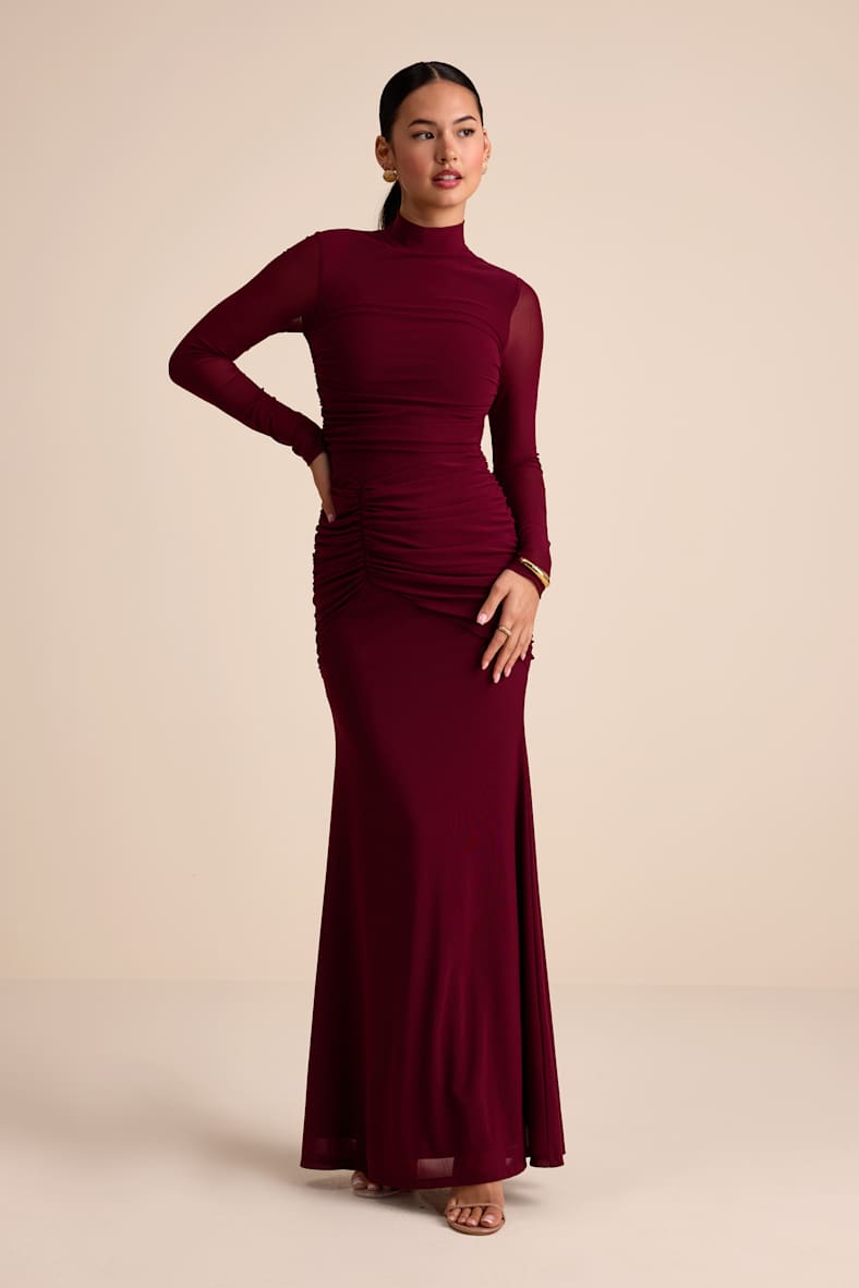 Madahlia Wine Red Mesh Mock Neck Cutout Maxi Dress