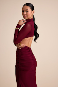 Madahlia Wine Red Mesh Mock Neck Cutout Maxi Dress 4