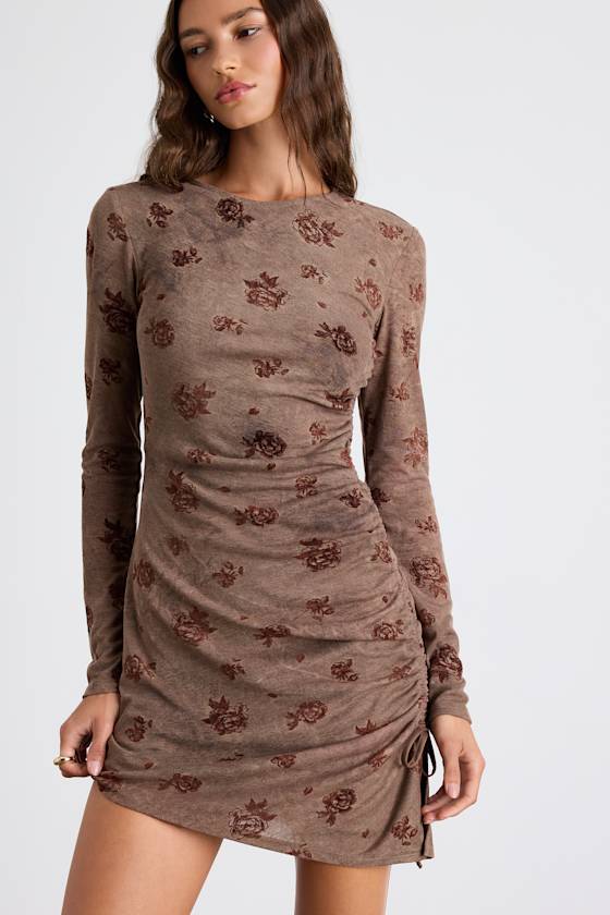 Image of Laudie Light Brown Rose Print Ruched Mini Dress