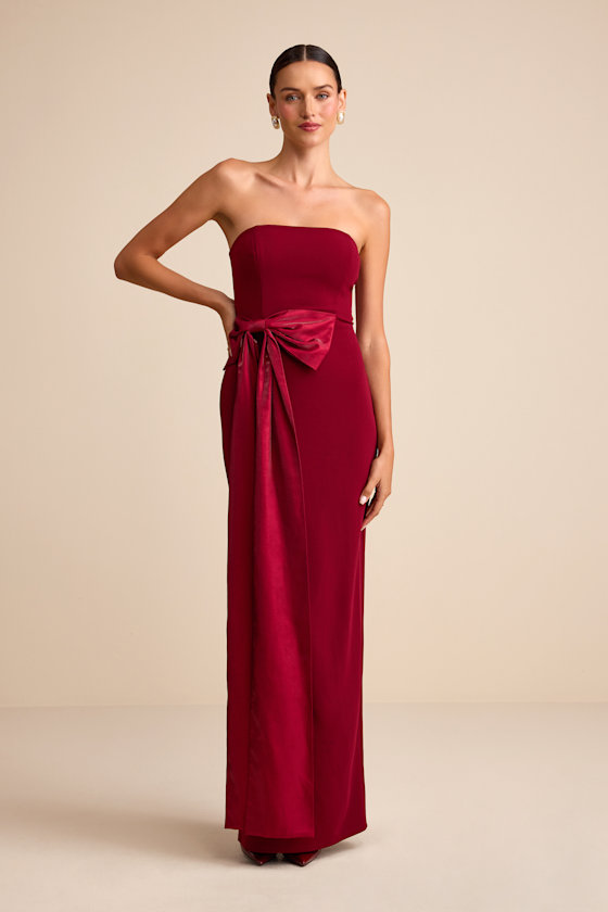 Marvelous Vision Red Strapless Bow Column Maxi Dress 2