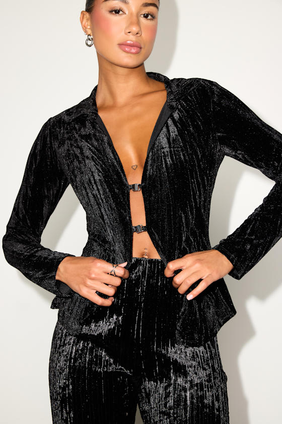 Black Long Sleeve Top - Crushed Velvet Top - Clasp-Front Top - Lulus