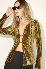 Saelora Olive Crushed Velvet Clasp-Front Long Sleeve Top 1