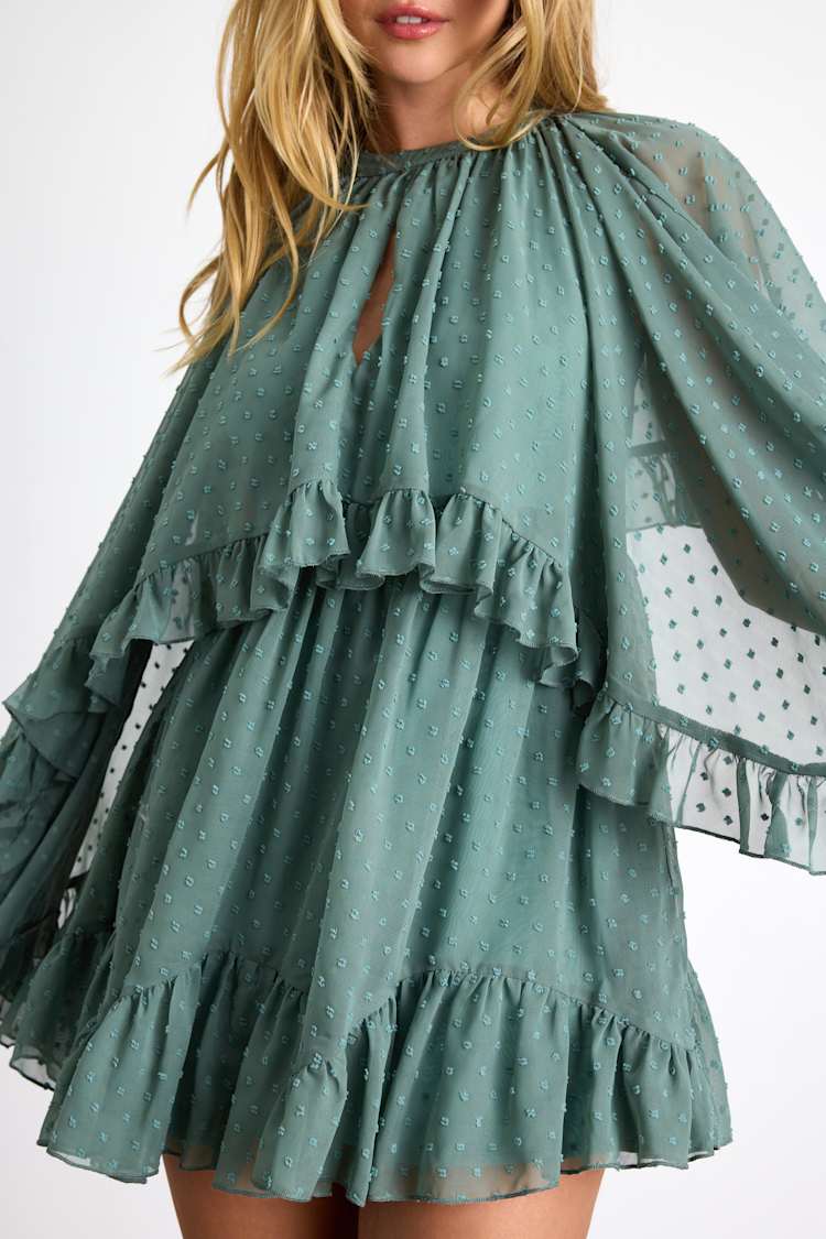 Rhozie Sage Blue Swiss Dot Cape Sleeve Tiered Mini Dress