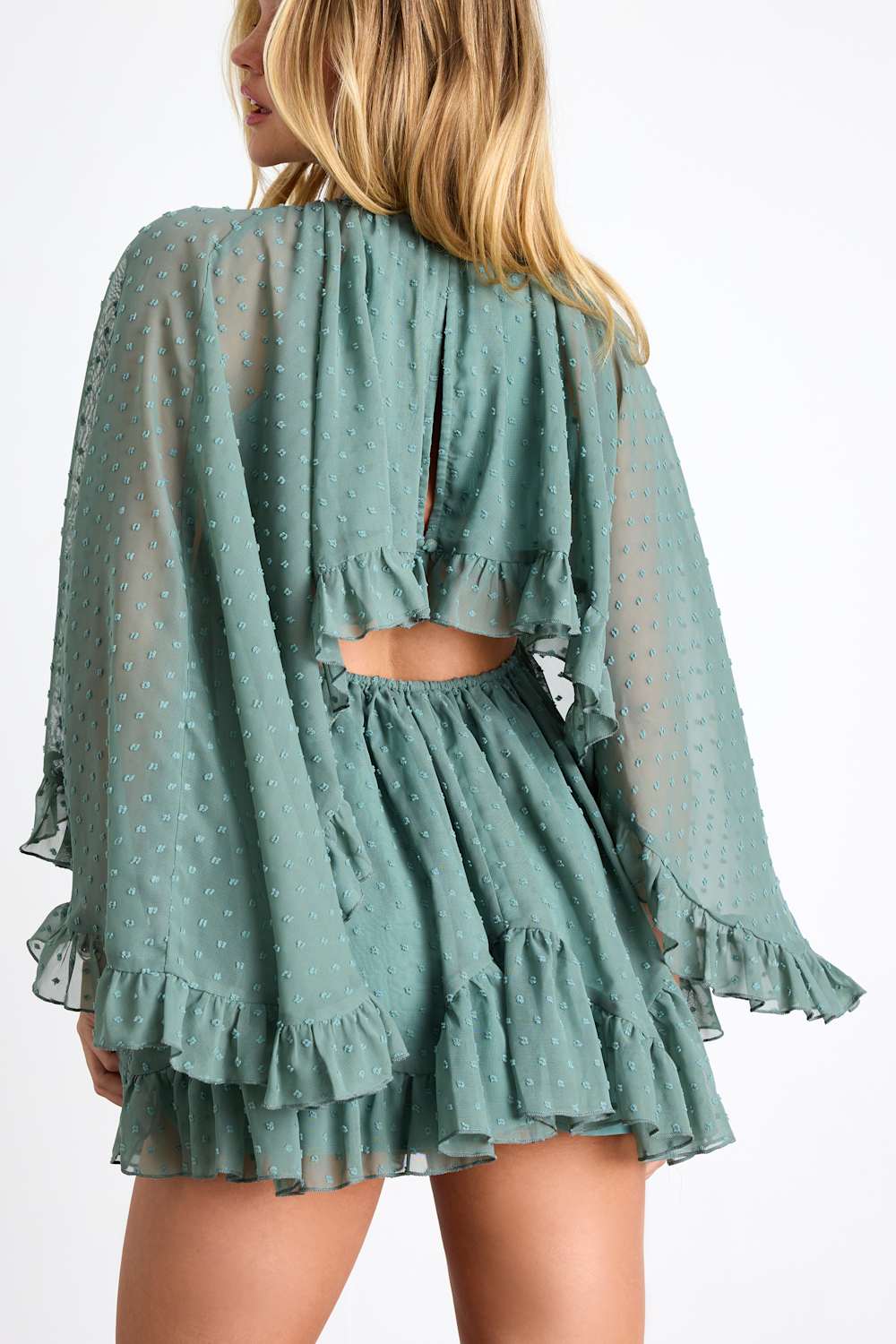 Rhozie Sage Blue Swiss Dot Cape Sleeve Tiered Mini Dress