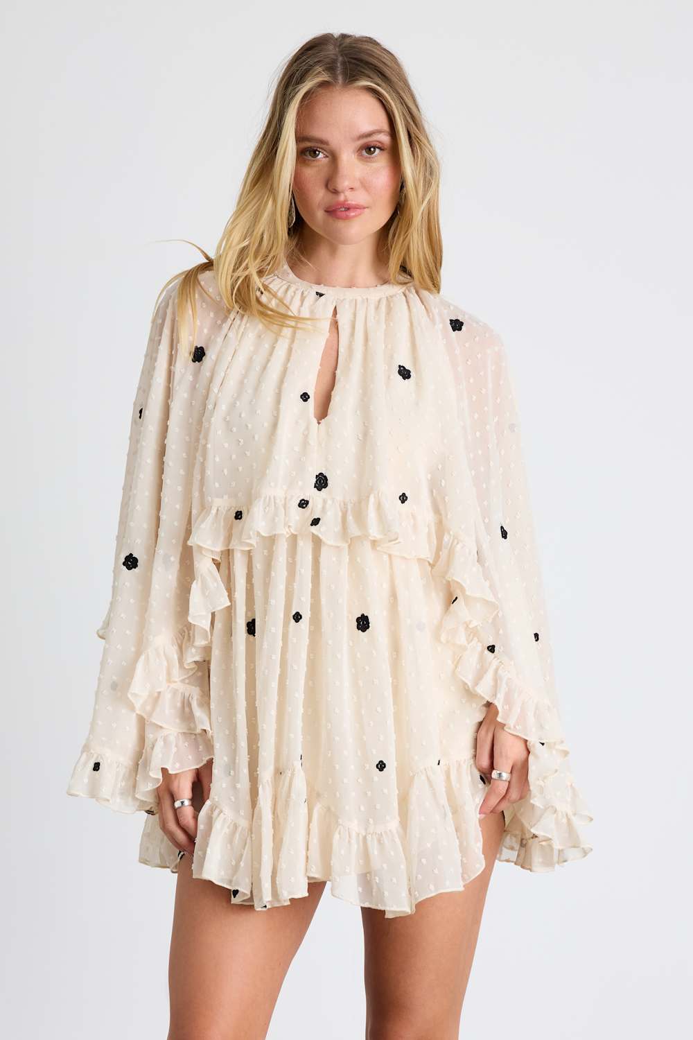 Rhozie Cream Embroidered Swiss Dot Cape Sleeve Tiered Mini Dress