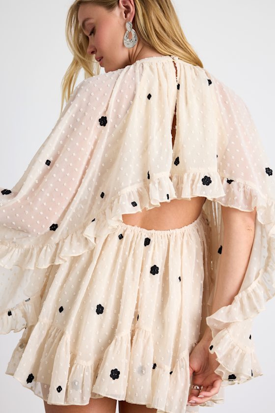 Rhozie Cream Embroidered Swiss Dot Cape Sleeve Tiered Mini Dress 3