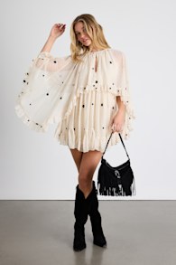 Rhozie Cream Embroidered Swiss Dot Cape Sleeve Tiered Mini Dress 4