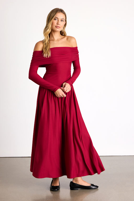 Sescca Wine Red Off-the-Shoulder Jersey Knit Maxi Dress 1