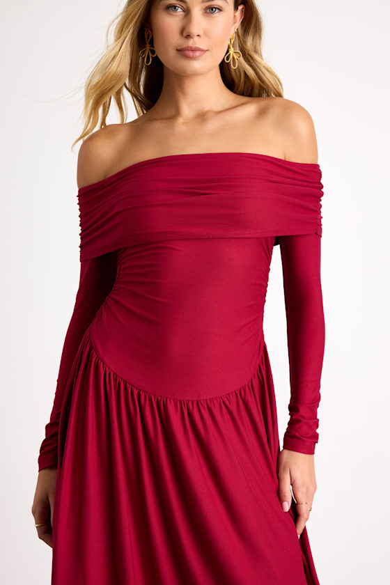 Sescca Wine Red Off-the-Shoulder Jersey Knit Maxi Dress 2